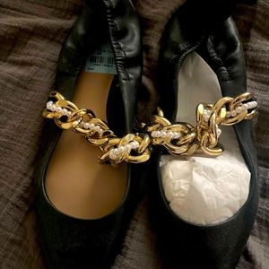 Black flats w pearl and gold embellished straps